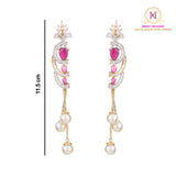 Ruby American Diamond Long Earrings | Dual Tone Pearl Drop Danglers