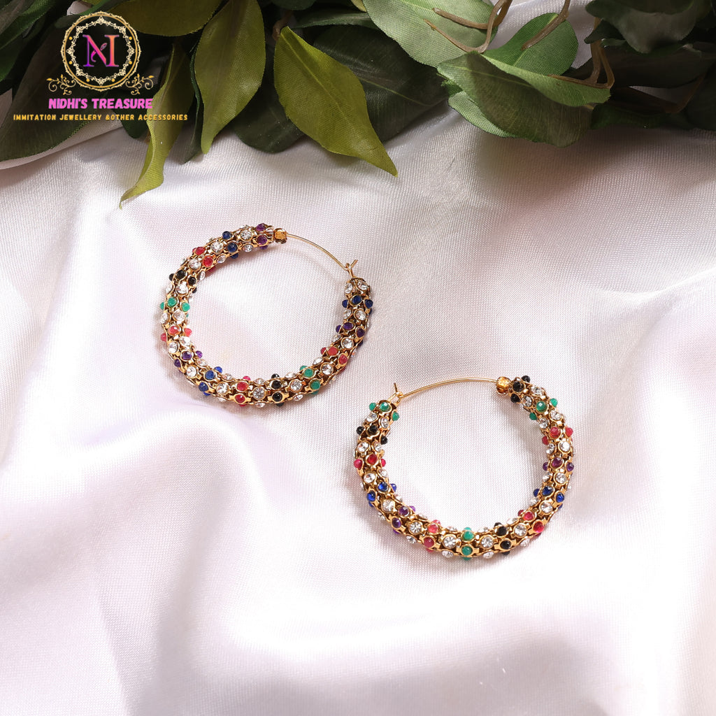 Multicolor Crystal Embellished Statement Hoop Earrings | Textured Stone Bali Design