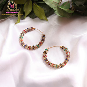 Multicolor Crystal Embellished Statement Hoop Earrings | Textured Stone Bali Design