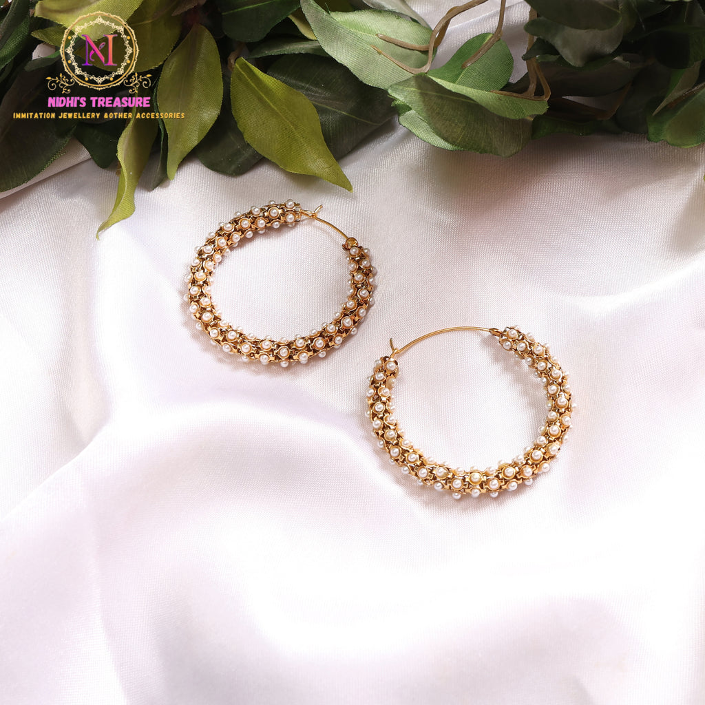 Pearl Cluster Embellished Hoop Earrings | Textured Beaded Statement Bali Design