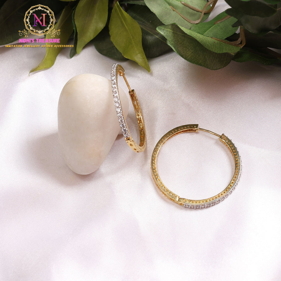 Dual Tone Crystal Lined Hoop Earrings | Sleek Pavé Edge Statement Bali Design