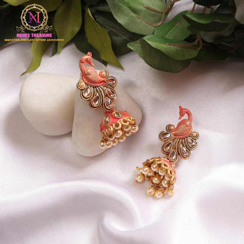 Peacock Kundan Jhumka Earrings with Pearl Drops | Intricate Enamel Statement Ethnic Design