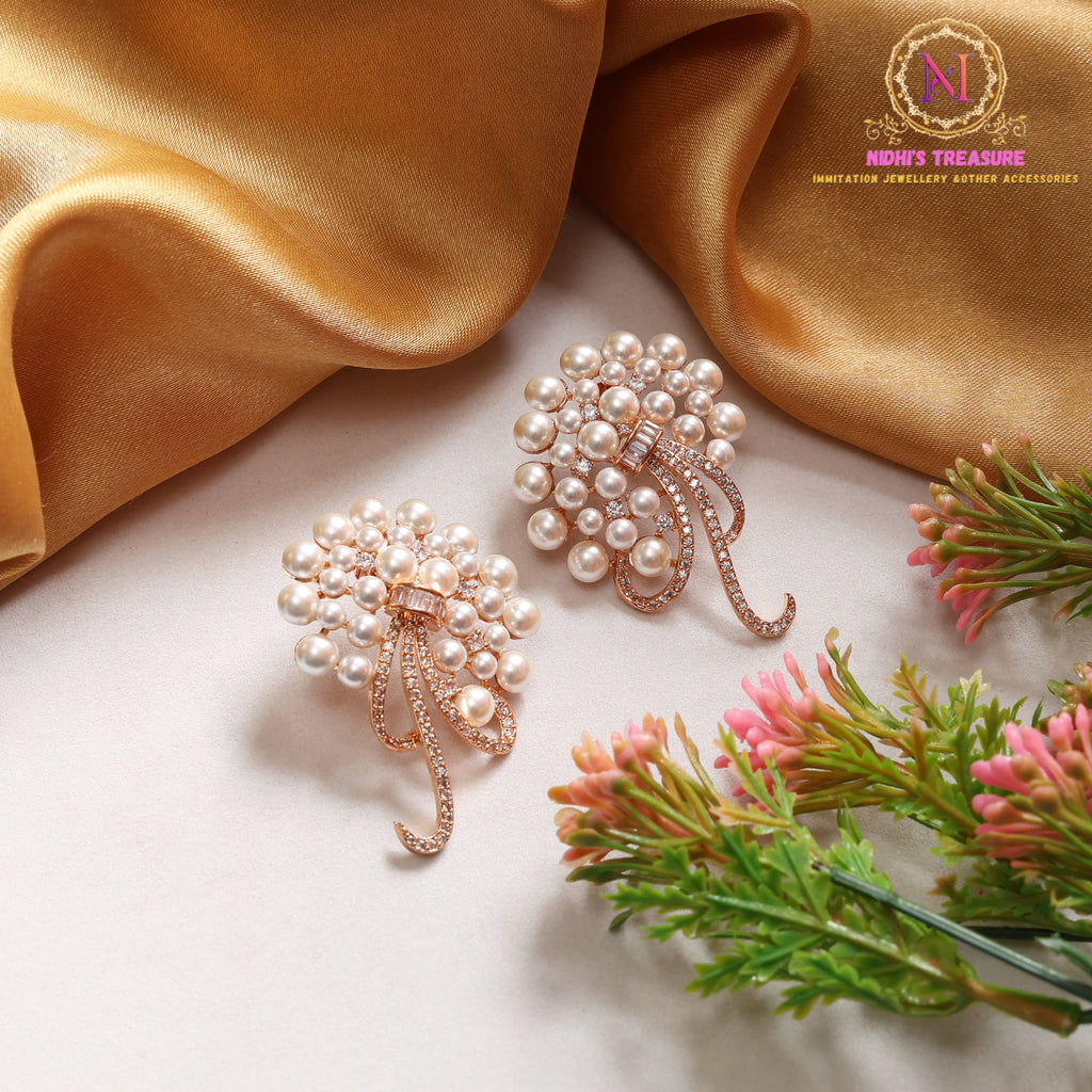 Rose Gold Pearl Cluster Statement Earrings | Crystal Ribbon Drop Design