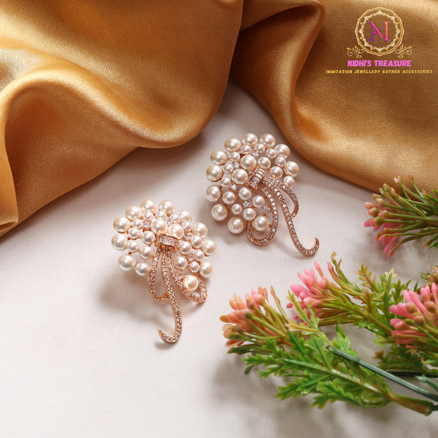Rose Gold Pearl Cluster Statement Earrings | Crystal Ribbon Drop Design