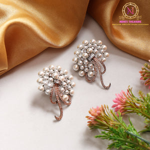 Black & Rose Gold Pearl Cluster Statement Earrings | Crystal Ribbon Drop Design