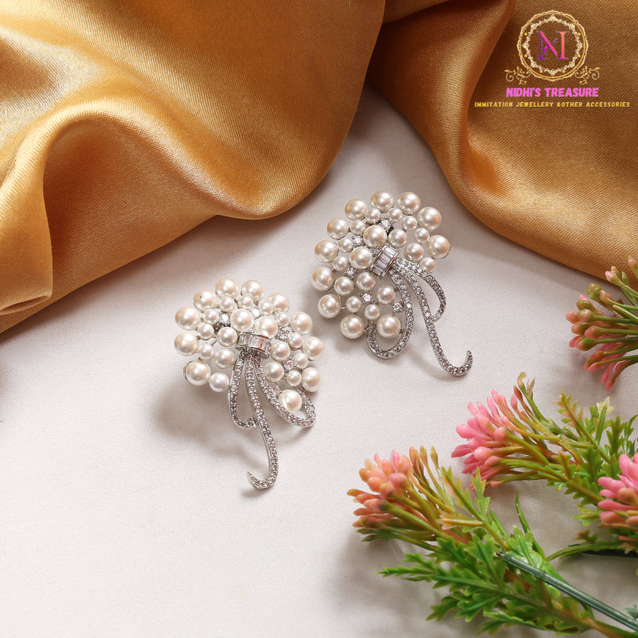 Silver Pearl Cluster Statement Earrings | Crystal Ribbon Drop Design