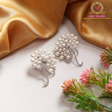 Silver Pearl Cluster Statement Earrings | Crystal Ribbon Drop Design