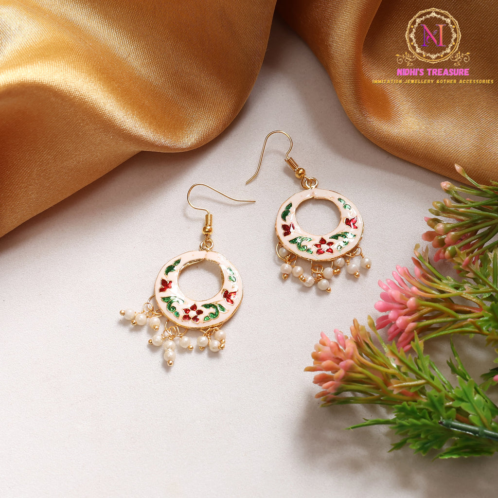 Meenakari Floral Hoop Earrings with Beaded Drops | Enamel Circle Dangler
