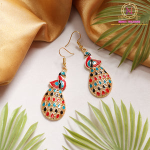 Vibrant Peacock Meenakari Drop Earrings | Multicolor Enamel Statement Dangler
