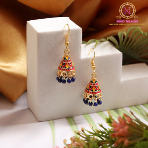 Meenakari Cone Jhumki Earrings | Multicolor Enamel Dome with Beaded Drops