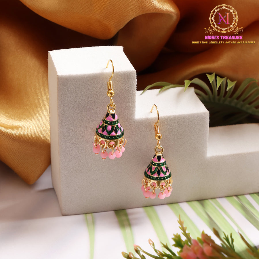 Meenakari Cone Jhumki Earrings | Multicolor Enamel Dome with Beaded Drops