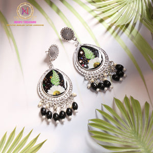 Black Floral Resin Statement Earrings | Silver Tone Dangler with Beaded Tassels