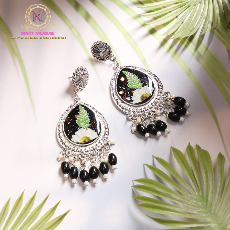 Black Floral Resin Statement Earrings | Silver Tone Dangler with Beaded Tassels