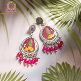 Pink Floral Resin Statement Earrings | Silver Tone Dangler with Beaded Tassels