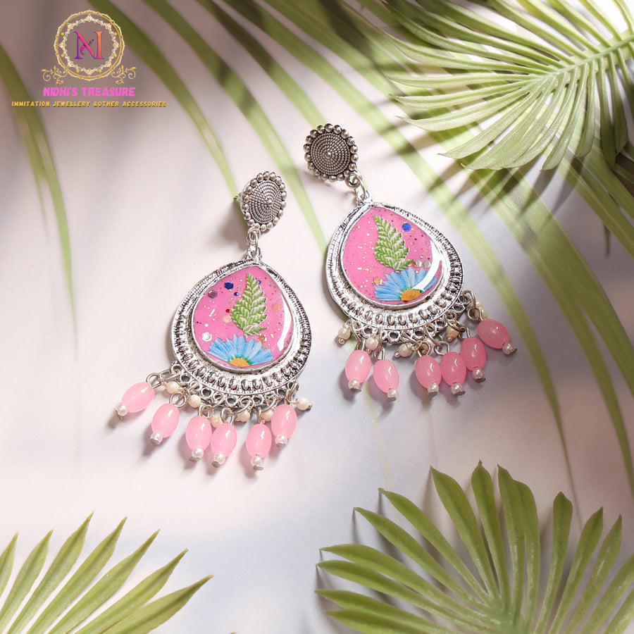Baby Pink Floral Resin Statement Earrings | Silver Tone Dangler with Beaded Tassels