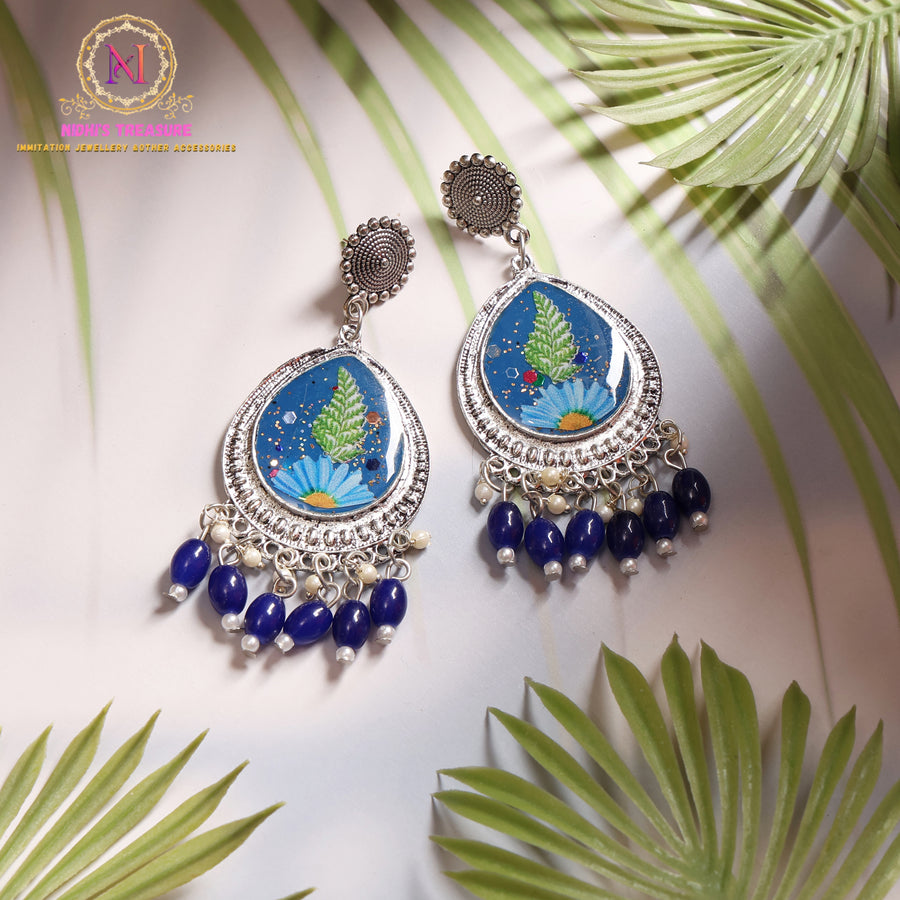 Blue Floral Resin Statement Earrings | Silver Tone Dangler with Beaded Tassels