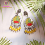 Yellow Floral Resin Statement Earrings | Silver Tone Dangler with Beaded Tassels