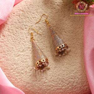 Meenakari Big Cone Jhumki Earrings | Long Gold Tone Enamel Jhumka with Pearl Drops