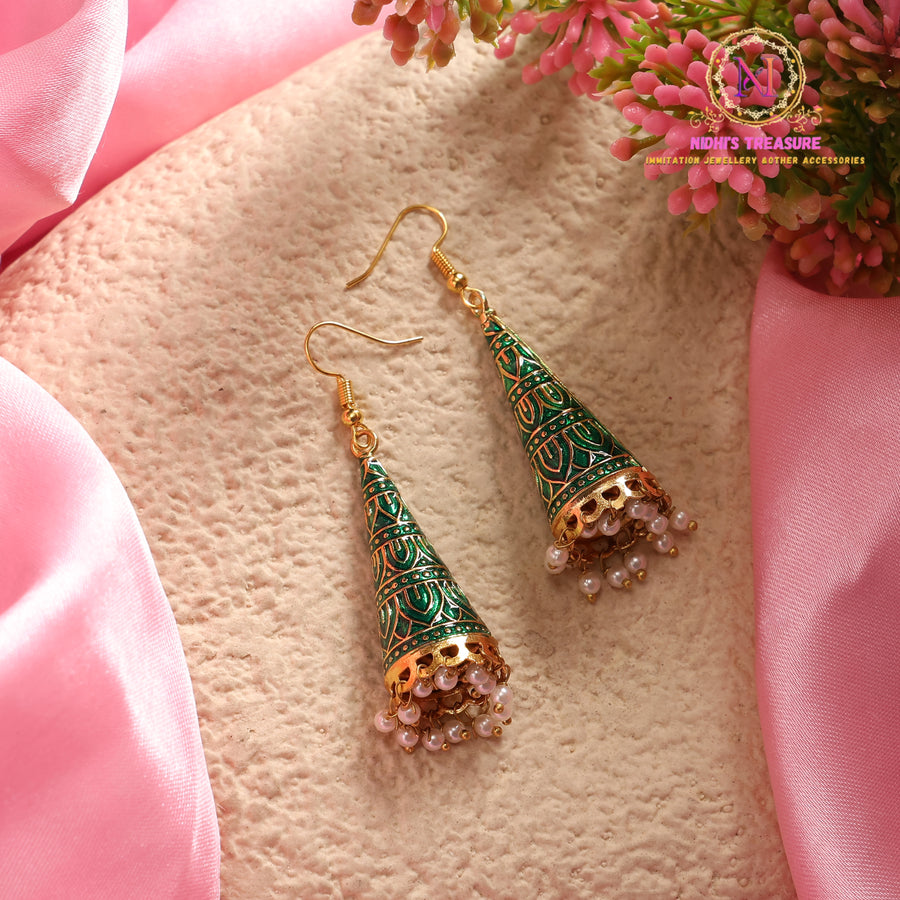 Meenakari Big Cone Jhumki Earrings | Long Gold Tone Enamel Jhumka with Pearl Drops