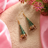 Meenakari Big Cone Jhumki Earrings | Long Gold Tone Enamel Jhumka with Pearl Drops