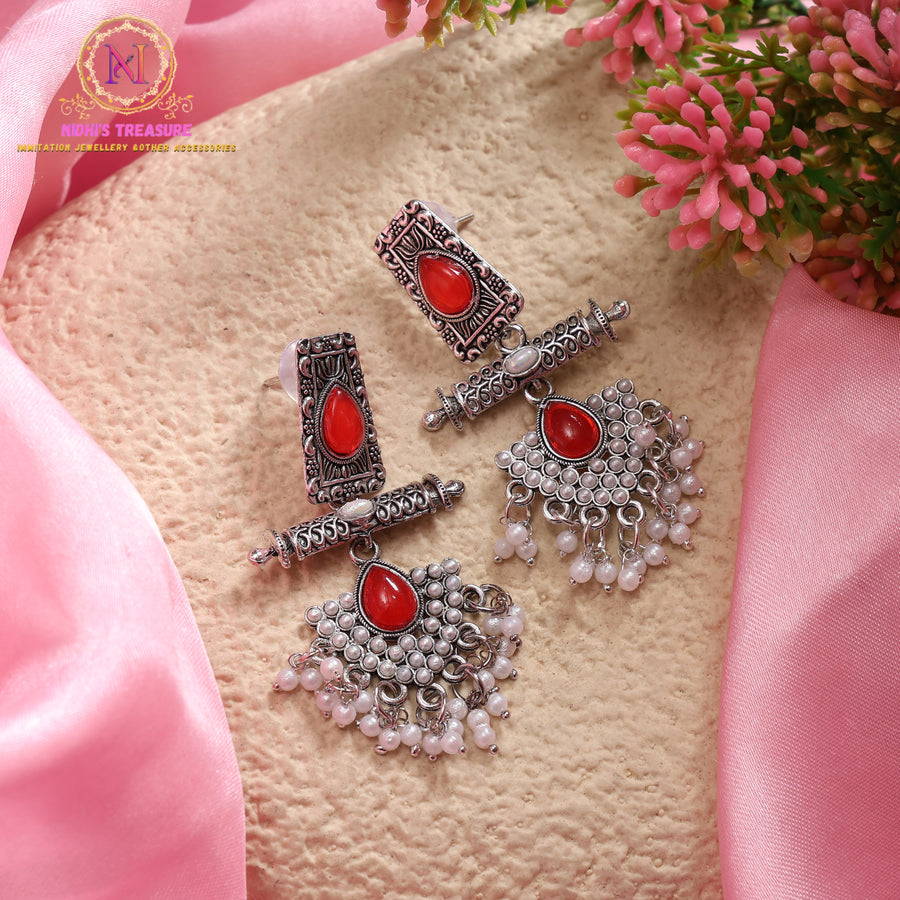 Oxidised Stone & Pearl Dangler Earrings | Antique Statement Ethnic Earrings