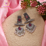 Oxidised Stone & Pearl Dangler Earrings | Antique Statement Ethnic Earrings