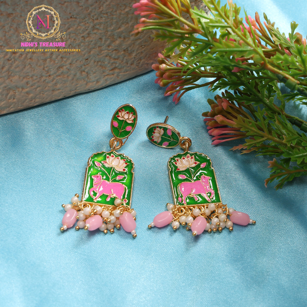 Meena Cow Enamel Earrings with Pearl Beads & Lotus Design