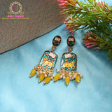 Meena Cow Enamel Earrings with Pearl Beads & Lotus Design