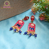 Meena Cow Enamel Earrings with Pearl Beads & Lotus Design