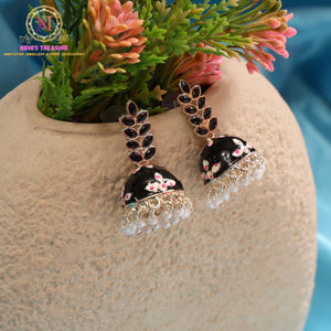 Meena Floral Jhumka Earrings with Pearl Drops & Kundan Leaf Design