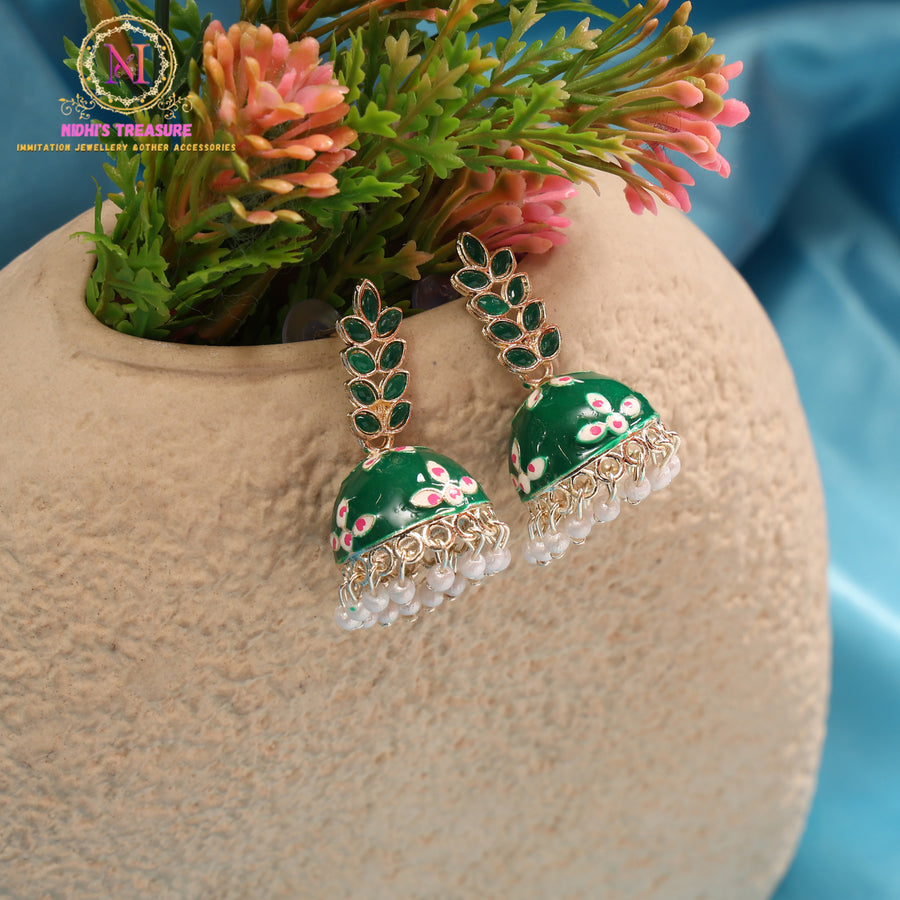 Meena Floral Jhumka Earrings with Pearl Drops & Kundan Leaf Design