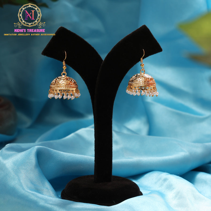 Antique Design Kashmiri Jhumka Earrings with Pearl Drops | Brass Traditional Dome Earrings