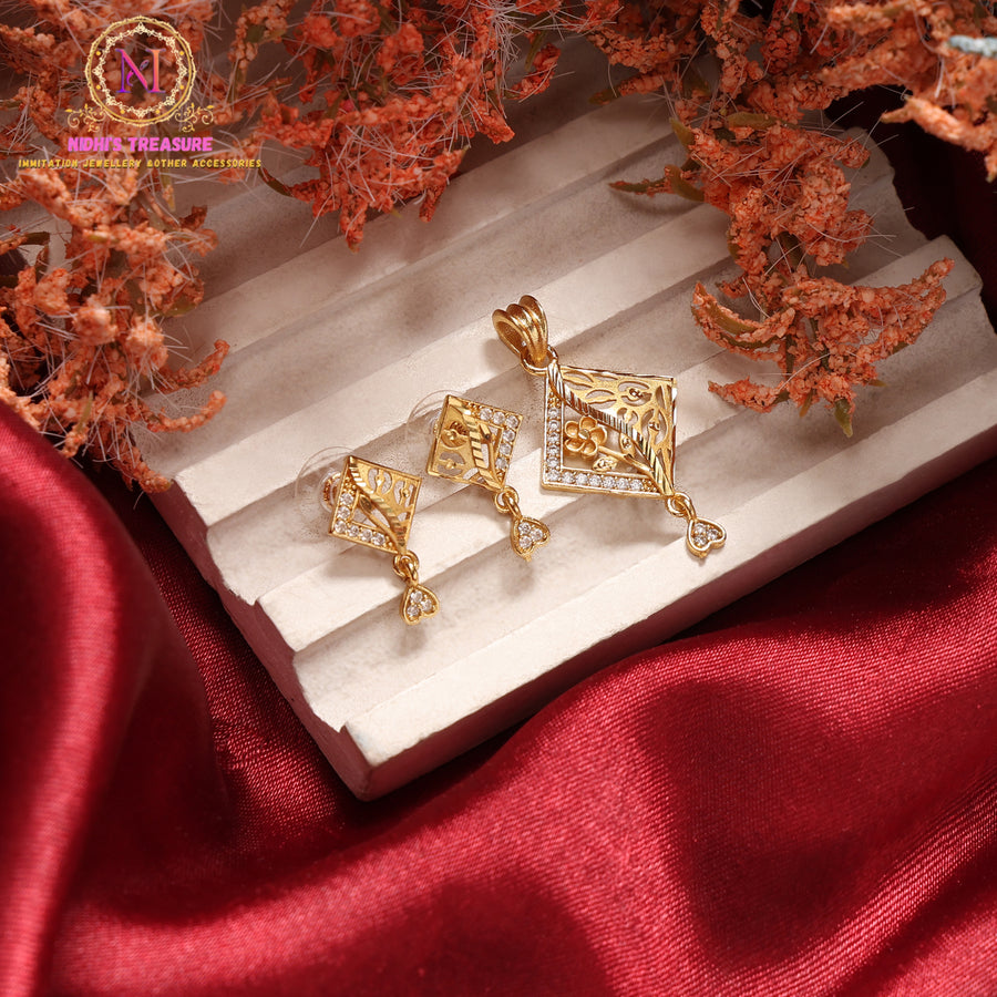 Geometric Floral Micro Plated Pendant Set with Stud Earrings | Minimal Gold Finish Jewellery Set