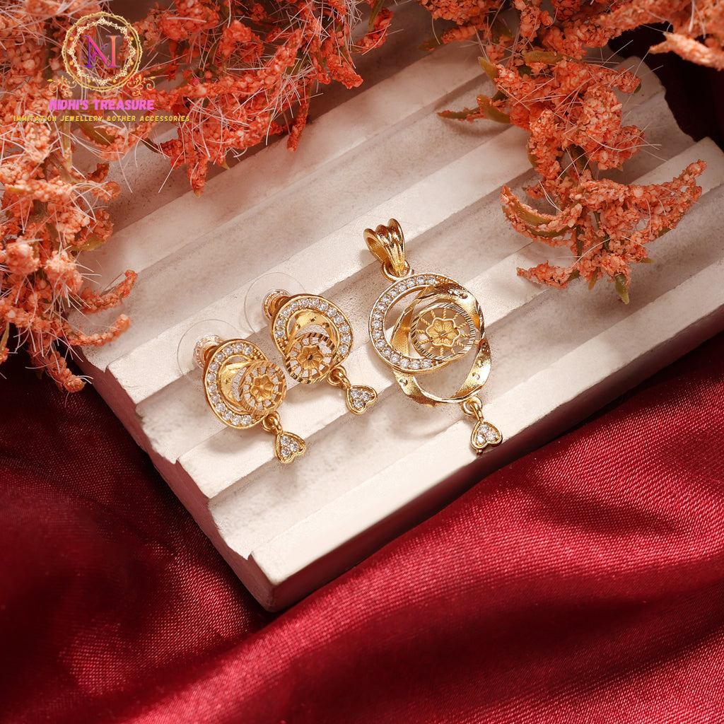 Circular Floral Micro Plated Pendant Set with Stud Earrings | Elegant Gold Finish Minimal Jewellery