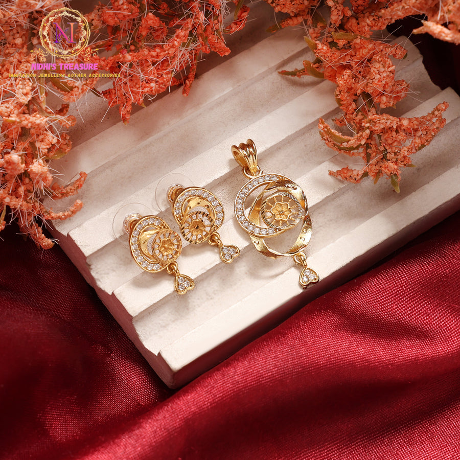 Circular Floral Micro Plated Pendant Set with Stud Earrings | Elegant Gold Finish Minimal Jewellery