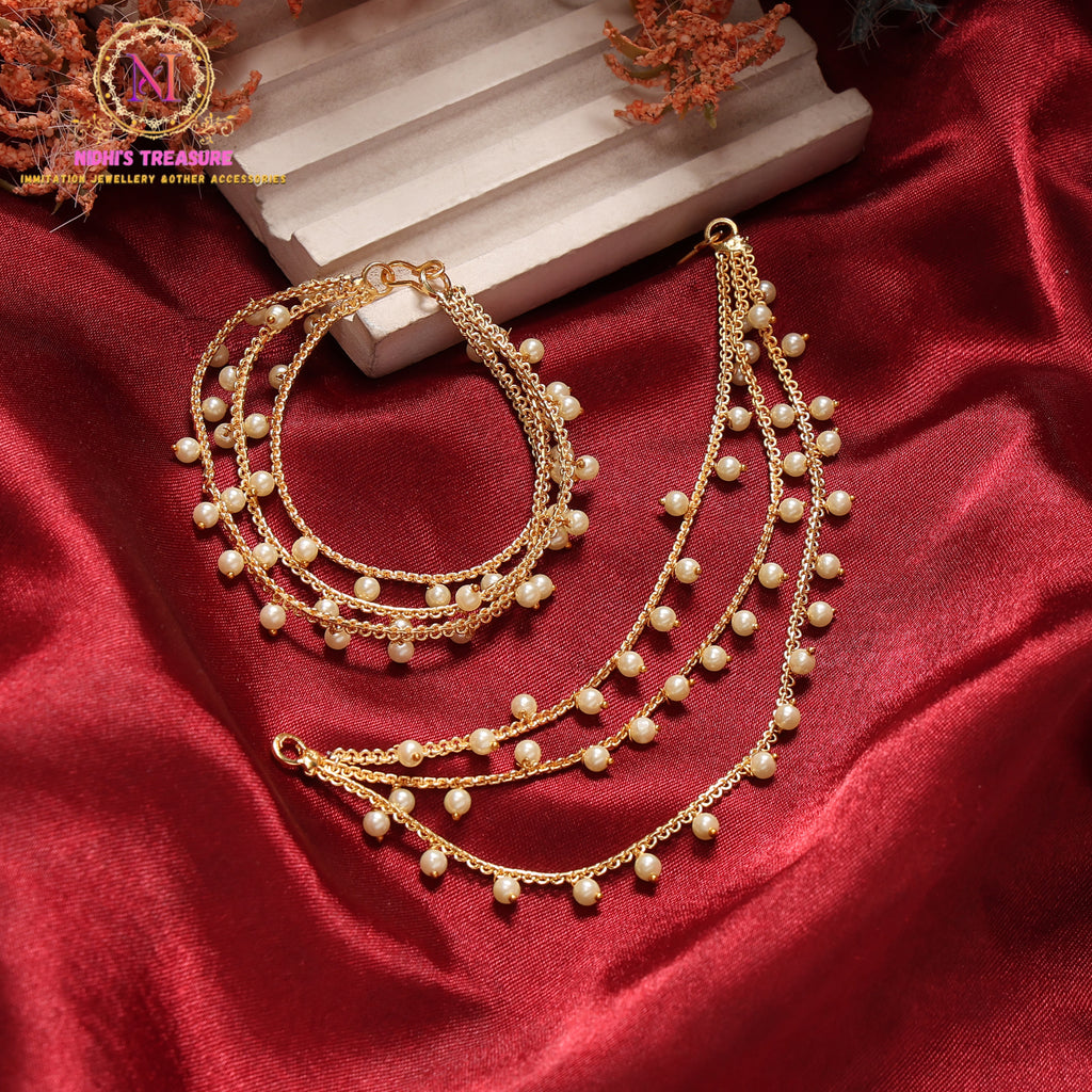 Multi-Layer Pearl Kaan Chain for Earrings | Gold Finish Ear Chain with Pearl Drops