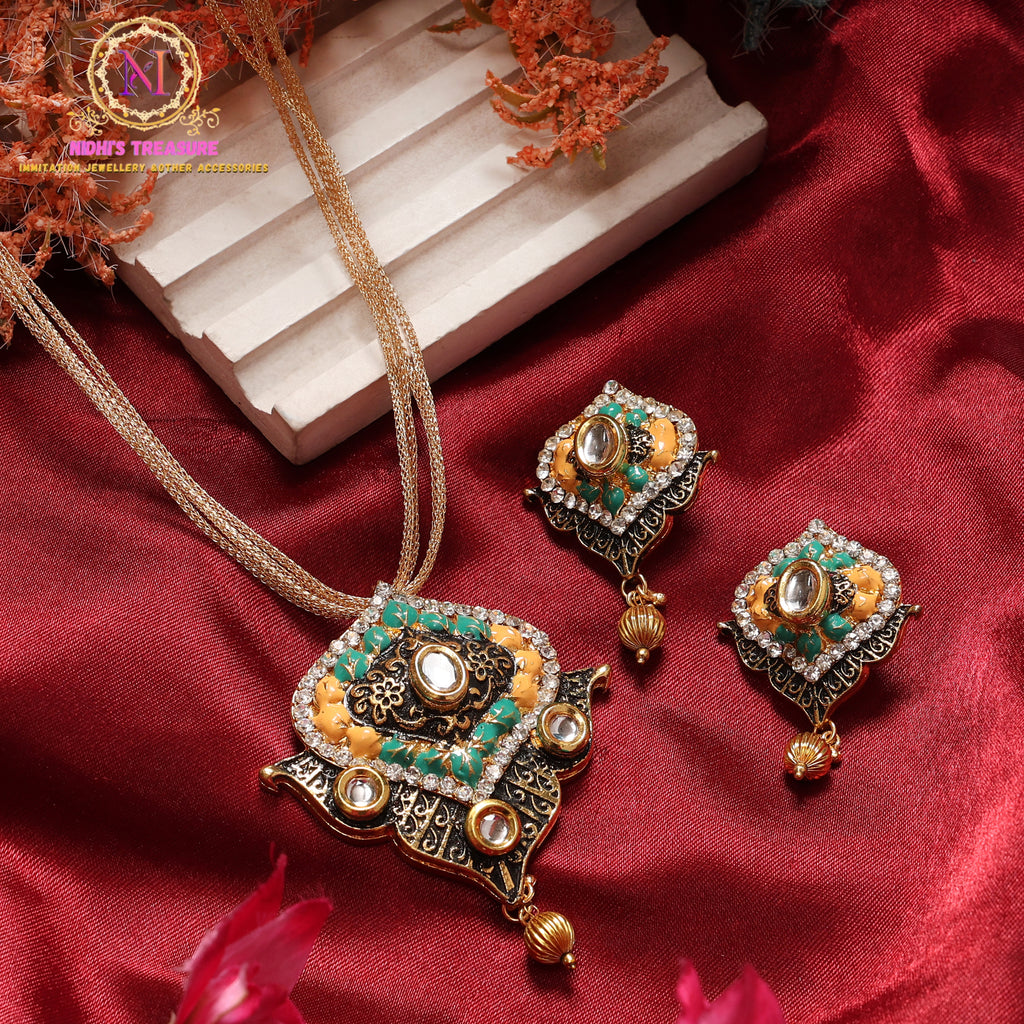 Antique Kundan Pendant Set with Chain & Stud Earrings | Green & Yellow Traditional Jewellery Set