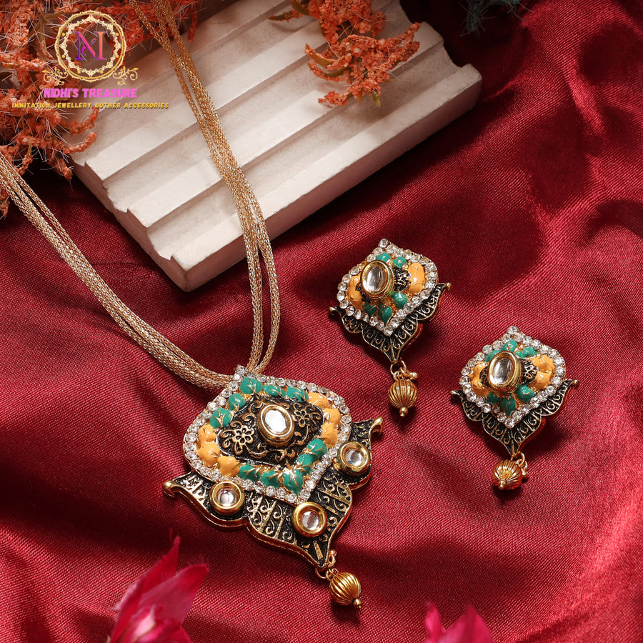 Antique Kundan Pendant Set with Chain & Stud Earrings | Green & Yellow Traditional Jewellery Set