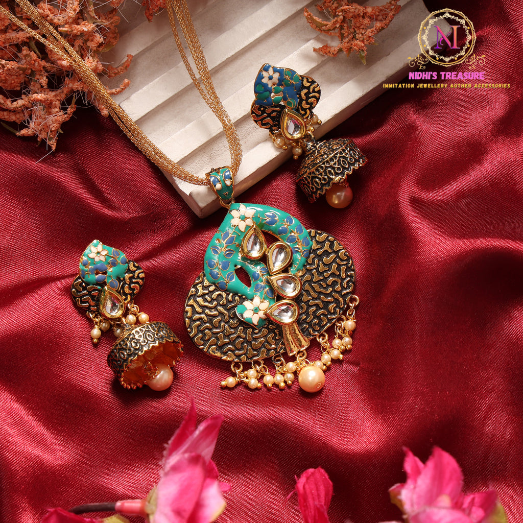 Antique Kundan Pendant Set with Chain & Jhumki Earrings | Greenish Blue Statement Jewellery with Pearl Drops