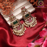 Antique Brass Statement Earrings with Pearl Drops | Dark Green & Red Ethnic Earrings | Lightweight Premium Jewellery