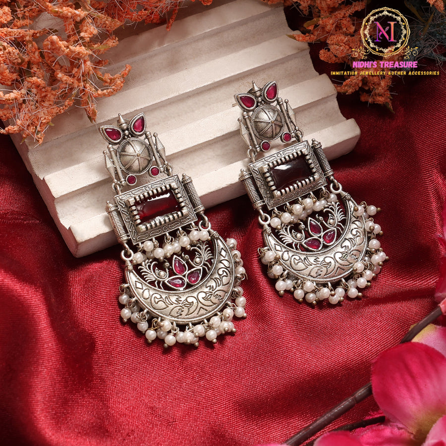 Antique Brass Statement Earrings with Pearl Drops | Red Ethnic Earrings | Lightweight Premium Jewellery
