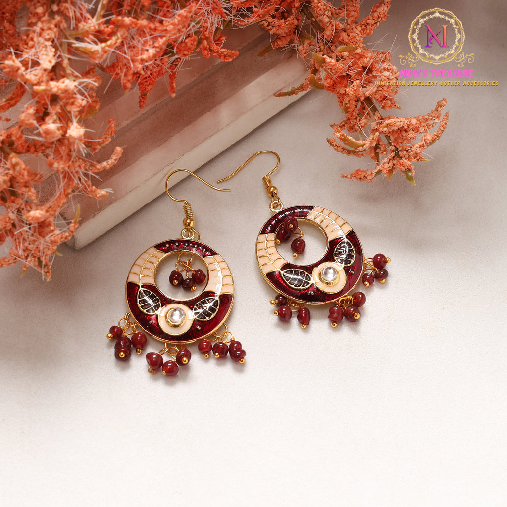Meenakari Chand Bali Earrings with Kundan Stone | Ethnic Earrings with Beads