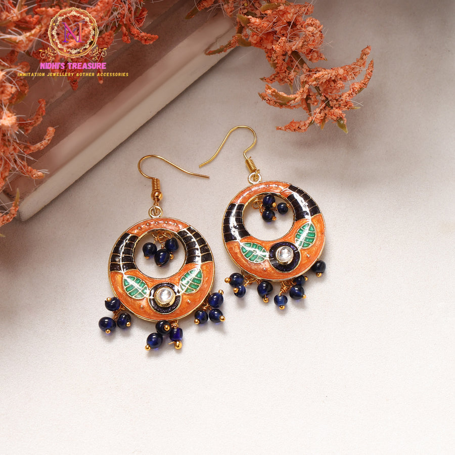 Meenakari Chand Bali Earrings with Kundan Stone | Ethnic Earrings with Beads