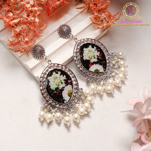 Black Resin Statement Earrings with Pearl Tassels | Silver Tone Floral Earrings