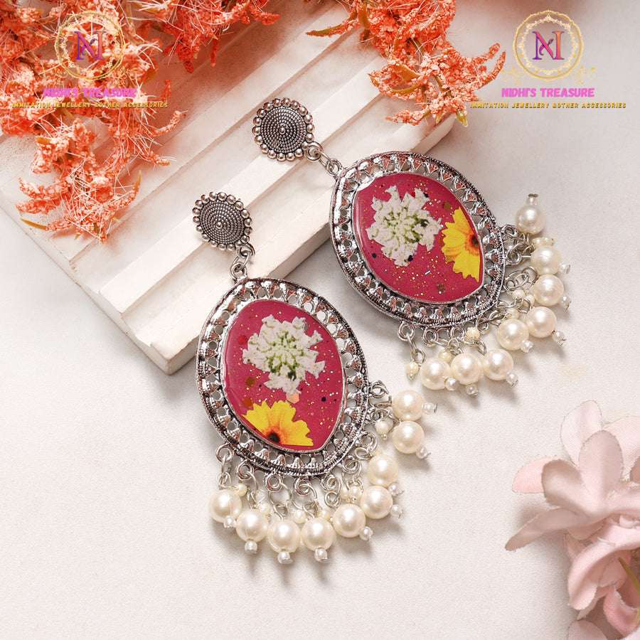 Pink Resin Floral Earrings with Pearl Tassels | Silver Tone Statement Earrings