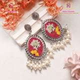 Pink Resin Floral Earrings with Pearl Tassels | Silver Tone Statement Earrings
