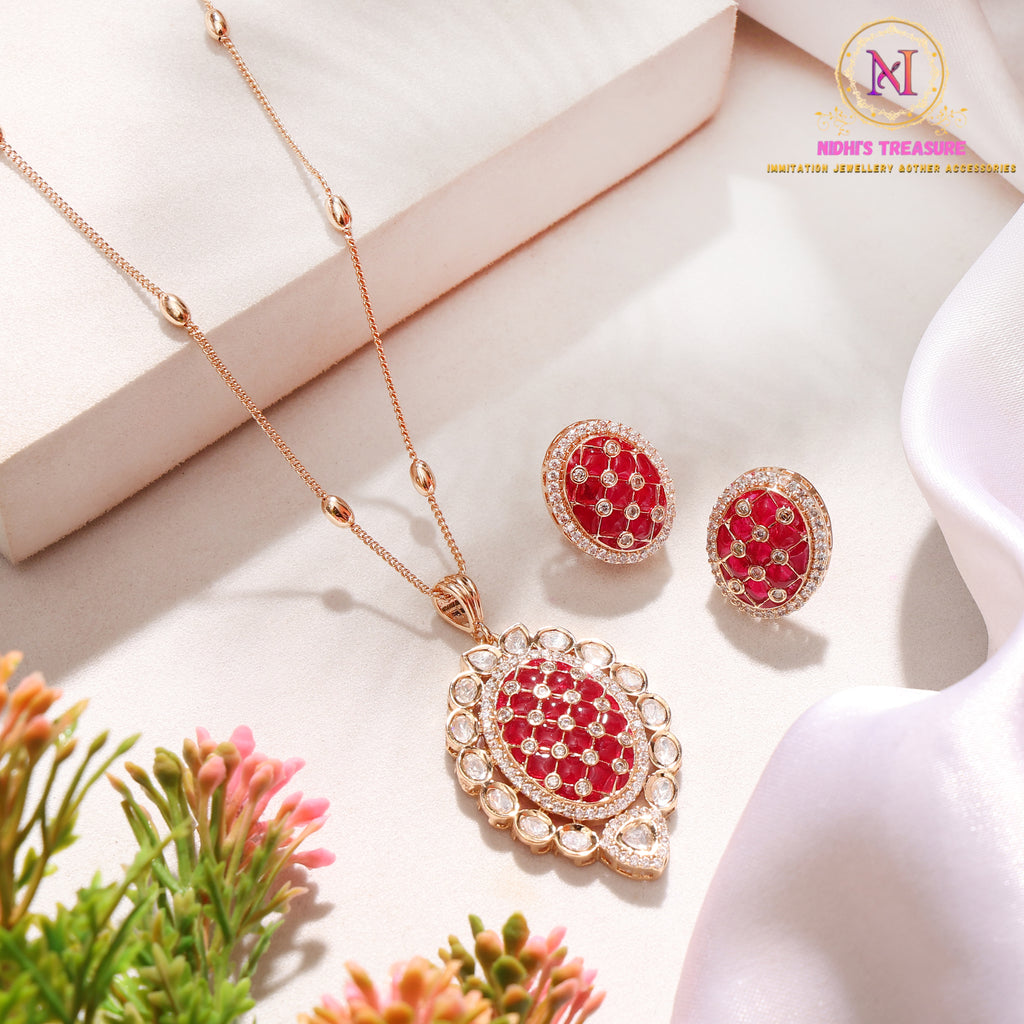 Red Polki & AD Stone Pendant Set with Single Layer Chain | Anti-Tarnish Jewellery