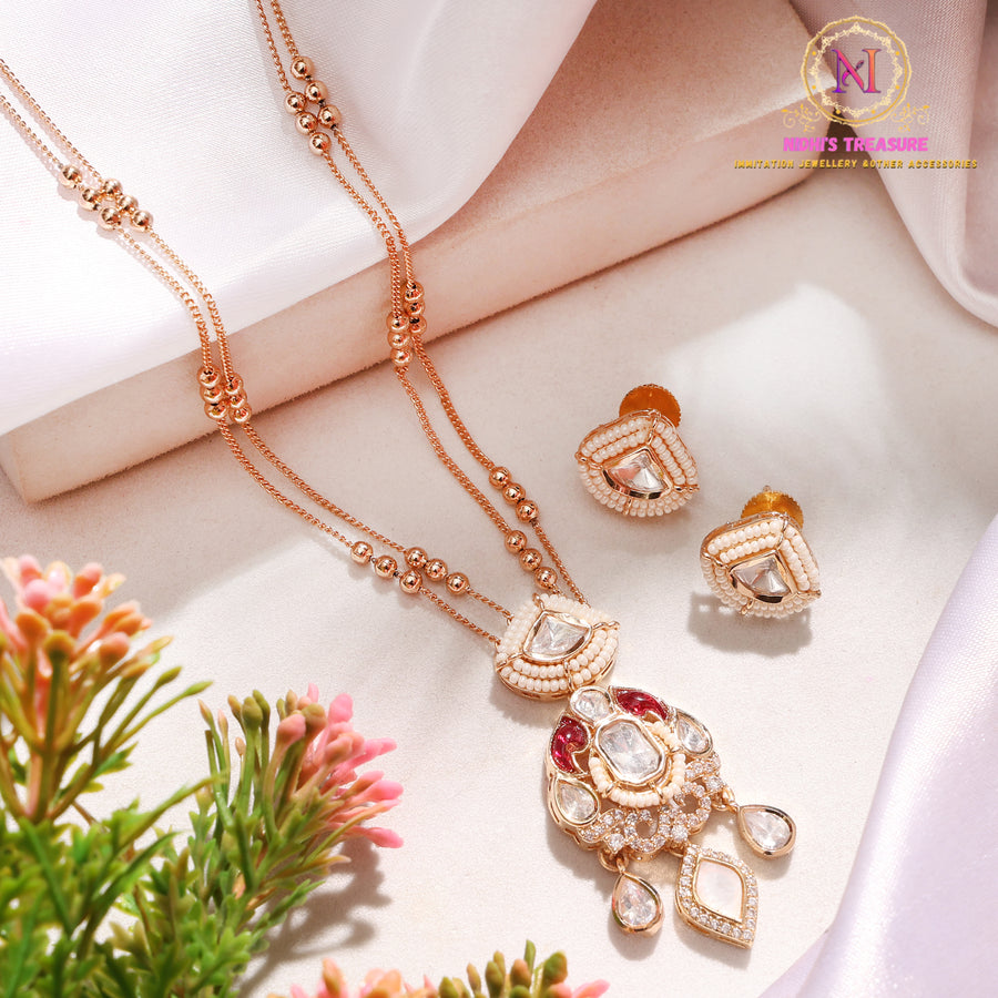 Polki & AD Stone Pendant Set with Double Layer Chain | Anti-Tarnish Premium Jewellery