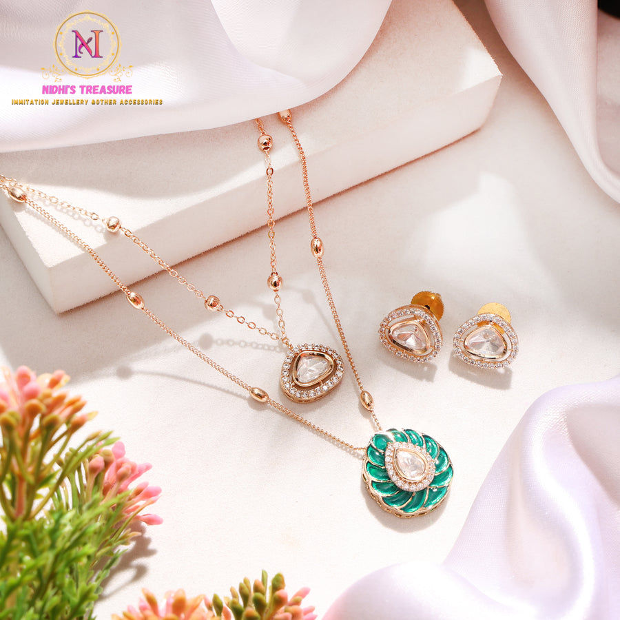 Green Anti-Tarnish Polki Pendant Set with Double Layer Chain & Stud Earrings | Elegant Designer Jewellery