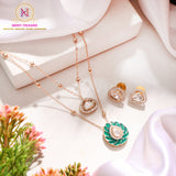 Green Anti-Tarnish Polki Pendant Set with Double Layer Chain & Stud Earrings | Elegant Designer Jewellery